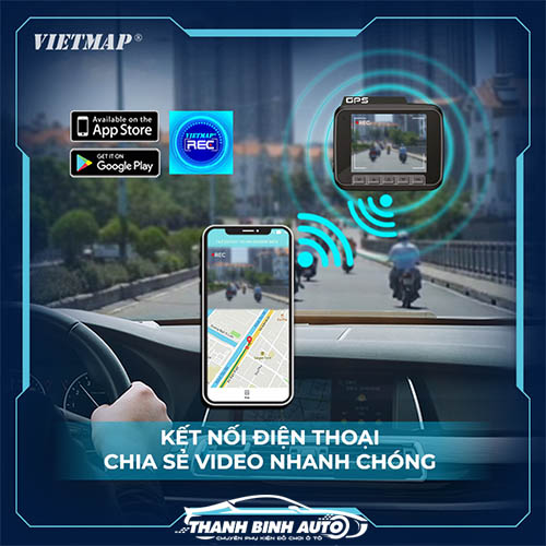 Camera hành trình Vietmap SpeedMap M1 kết nối với điện thoại thông qua ứng dụng Vietmap REC