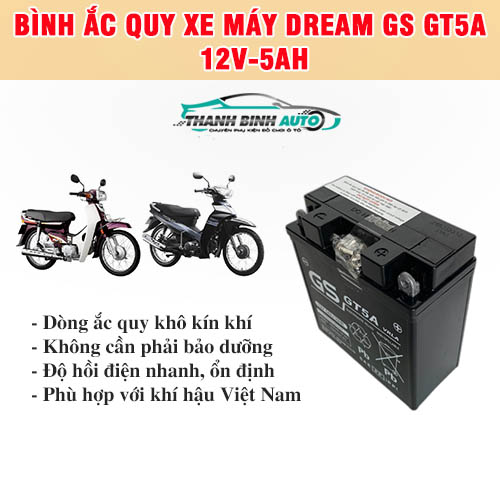 Bình ắc quy xe máy Dream GS GT5A 12V-5AH không cần bảo dưỡng